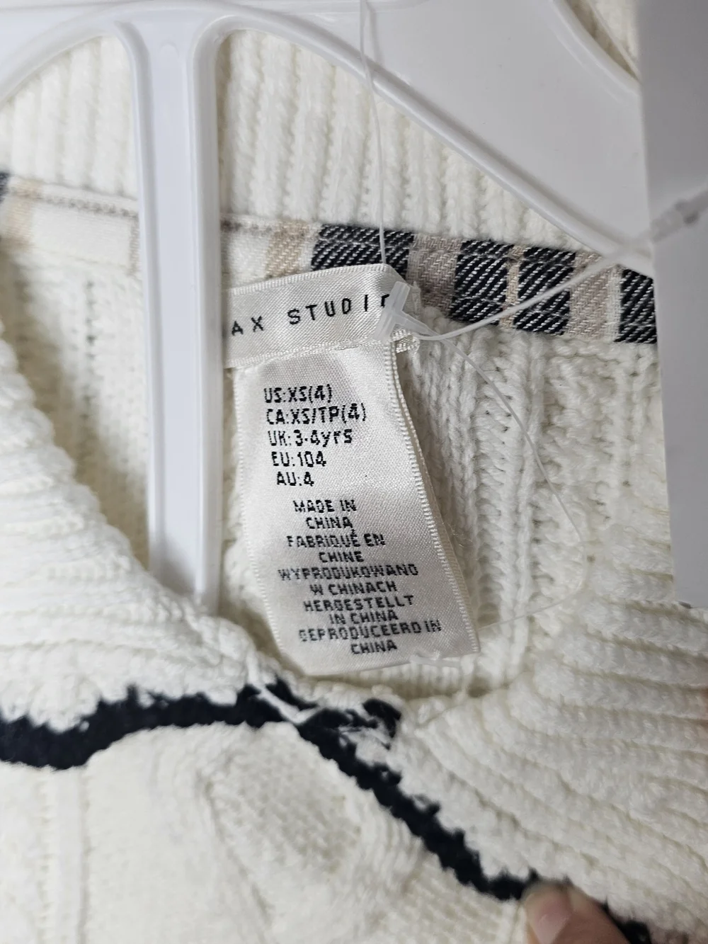 Max Studio Cream Cable Knit Sweater with Black-Trim Collar